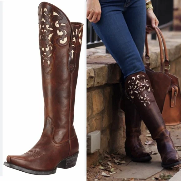 Ariat Hacienda Tall Knee High Leather Cowgirl Cowboy Western Boots Boho Size 10 - Picture 1 of 10